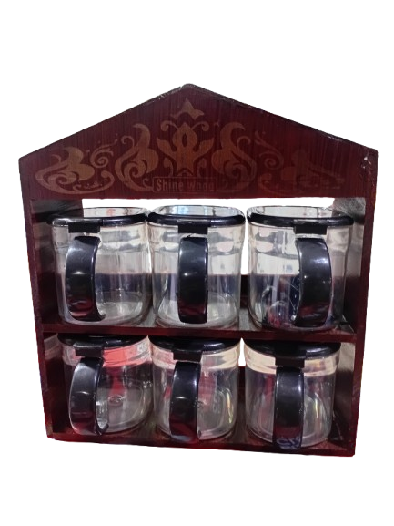 Wood Decorative Spice Jar Set with High Quality Stand – 6 Pcs Spice Box Organizer