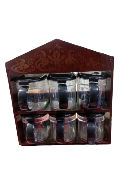 Wood Decorative Spice Jar Set with High Quality Stand – 6 Pcs Spice Box Organizer
